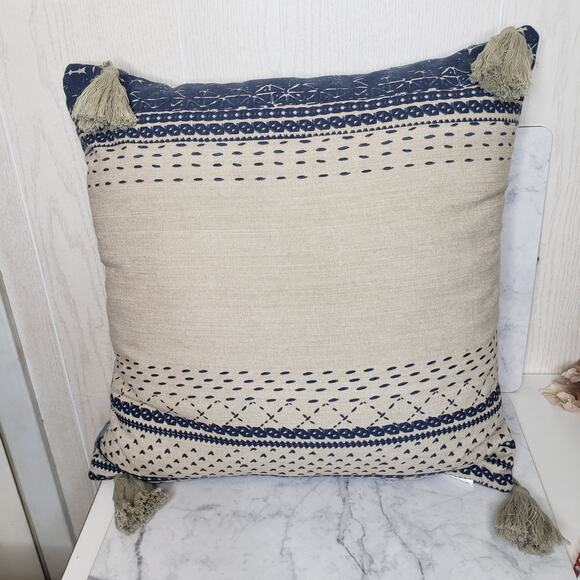 Carol& Frank blue and cream tassel striped printed decorative throw pillow 18X18 - Picture 8 of 8